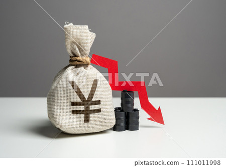 Oil barrels and chinese yuan or japanese yen money bag and red arrow down. Falling profit from the sale of energy resources and petroleum products. Trade and fall of oil transportation. 111011998