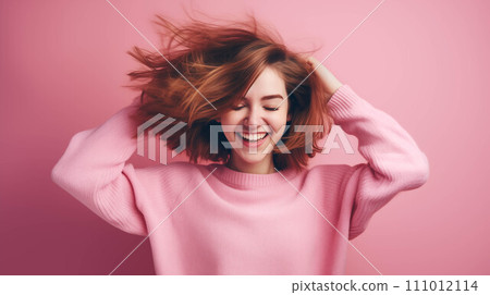 Generative AI Caucasian woman wearing a sweater on a pink background. 111012114