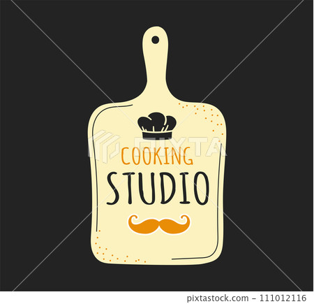 Cooking studio. Cook logo. Restaurant kitchen chef emblem, bakery and cookery badge. sticker mockup with lettering and cooker hat isolated on black. Food preparing course. Vector label template Cooking studio. Cook logo. Restaurant kitchen chef emblem, bakery and cookery badge. sticker mockup with lettering and cooker hat isolated on black. Food preparing course. Vector label template 111012116