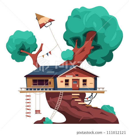 Children tree house. Kids playing construction with rope or wooden ladders. Tire swing and kite. Building on forest wood branch. Little home. Playground hut. Park landscape vector element Children tree house. Kids playing construction with rope or wooden ladders. Tire swing and kite. Building on forest wood branch. Little home. Playground hut. Park landscape vector element 111012121