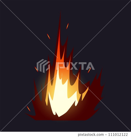 Fire explosion. Flame explode burst. Weapon boom effect with bright flash and blaze sparks. Bomb detonation. Destruction power. Shot attack. Hot sparkle. Vector explosive comic element 111012122