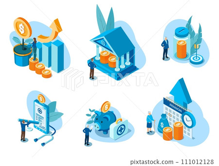 Pension fund. Financial money concept. Health insurance. Private finance investor characters. Gold coins savings. Investment profit. Cash growth plan. Pensioner income. Banking vector set 111012128