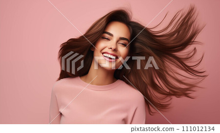 Generative AI Caucasian woman wearing a sweater on a pink background. 111012134