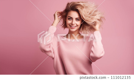 Generative AI Caucasian woman wearing a sweater on a pink background. 111012135