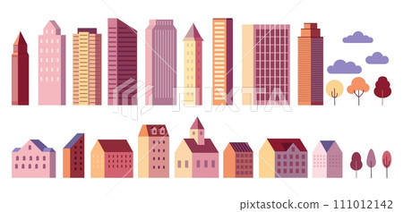 City buildings. Town tree landscape or cityscape with modern home and skyline, minimal park with clouds. Skyscrapers and different houses. Geometric isolated elements. Vector flat icons 111012142