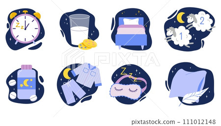 Sleep time. Nighttime relaxation. Soft feather pillow. Alarm clock. Night mask for insomnia. Relax in bed. Sleeping pill. Sheep counting. Milk glass and cookies. Vector dream icons set 111012148