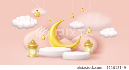 3d Ramadan background. Islam podium banner decoration with moon, crescent and gold mosque. Empty stand for product presentation, muslim signs, eid mubarak. Vector modern render isolated elements 111012149