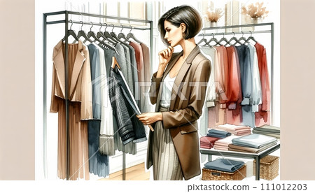 Generative AI This is an elegant image of a woman thoughtfully selecting clothes in a well-organized clothing store. 111012203