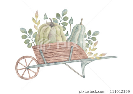 Wooden cart with pumpkins, leaves and mushrooms. Watercolor illustration. Autumn composition with vegetables. Decoration for seasonal holidays and Thanksgiving. Harvest concept. Hand drawn isolated. 111012399