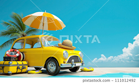 AI-generated content. Yellow classic vintage car with various summer holiday accessories, on seashore with palm trees. Concept vacation travel 111012492