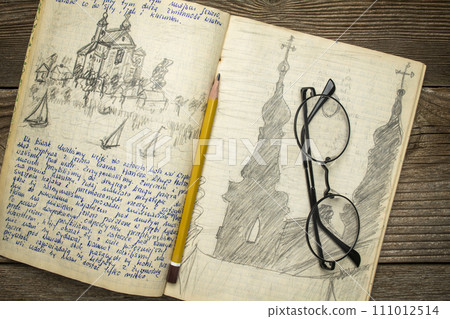 vintage travel journal from 1970s with handwriting and pencil sketches (property release attached) - post-Camaldolian Monastery in Wigry, Poland 111012514