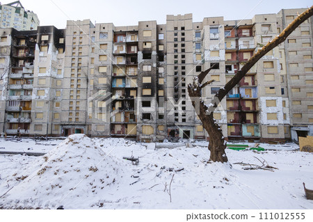 An residential building shelled by the Russian army. Kyiv, Ukraine. - 3 January, 2024. An residential building shelled by the Russian army. Kyiv, Ukraine. - 3 January, 2024. 111012555