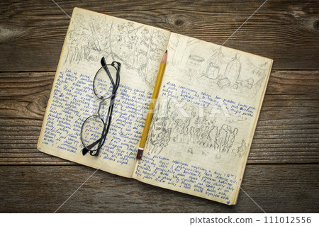 vintage travel journal from 1970s with handwriting and pencil sketches (property release attached) - kayak expedition in Poland vintage travel journal from 1970s with handwriting and pencil sketches (property release attached) - kayak expedition in Poland 111012556