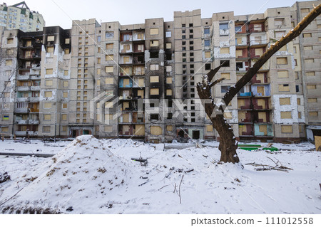 An residential building shelled by the Russian army. Kyiv, Ukraine. - 3 January, 2024. An residential building shelled by the Russian army. Kyiv, Ukraine. - 3 January, 2024. 111012558