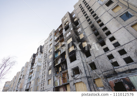 An residential building shelled by the Russian army. Kyiv, Ukraine. - 3 January, 2024. 111012576