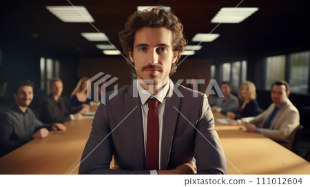 Generative AI Caucasian businessman looking at camera with confidence in conference room. 111012604