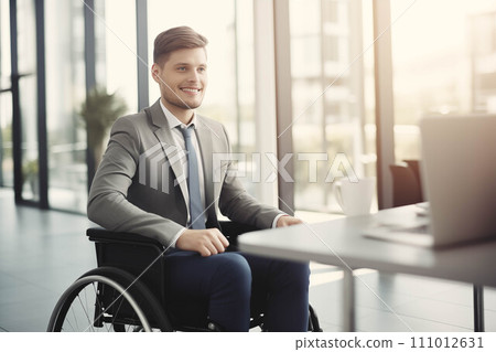 Generative AI Caucasian male businessman sitting in a wheelchair in the office. 111012631