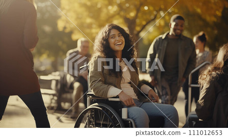 Generative AI Group of disabled people in wheelchairs doing outdoor activities together. 111012653