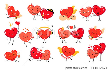 Funny couple hearts. Red heart in love, romantic relationships and valentines day symbols. Cute characters in different emotions, nowaday vector set Funny couple hearts. Red heart in love, romantic relationships and valentines day symbols. Cute characters in different emotions, nowaday vector set 111012671