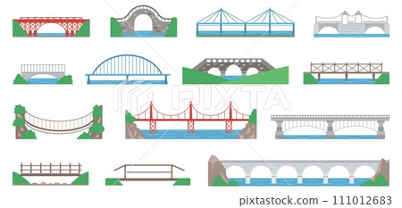 Flat bridges design. Urban bridge, city or village passages with simple nature elements. Transportation architecture, landmarks decent vector set 111012683