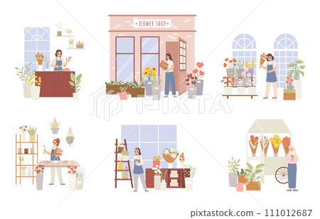 Florist scenes. Women working in flower shops and market. Happy girl with flowers, doing bouquets and care branches. Professional snugly vector set 111012687