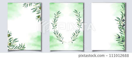 Set of floral background card template with black and green olive branches and watercolor splashes. For save the date, greeting, rustic wedding card and cover design. 111012688