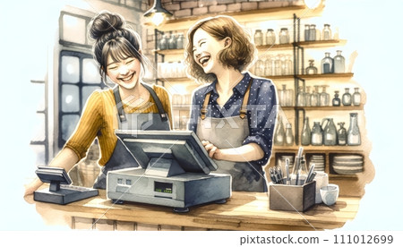 Generative AI This image features two women at a bar, one operating a POS system, both smiling and interacting joyfully. 111012699