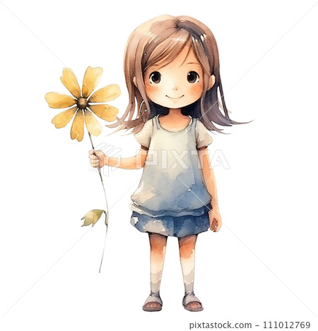 cute girl with a flower, watercolor drawing in anime, kawaii styles. scrapbooking 111012769