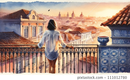 Generative AI The image is a watercolor of a woman on a balcony overlooking a historic European city at sunrise. 111012780