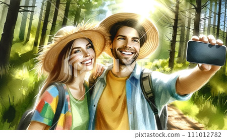 Generative AI The image depicts a happy couple taking a selfie in a lush forest setting. 111012782