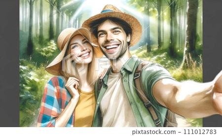 Generative AI The image depicts a happy couple taking a selfie in a lush forest setting. 111012783