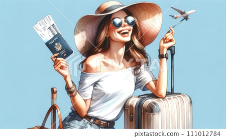 Generative AI The image is a joyful watercolor of a young woman ready to travel, holding a passport and a boarding pass. 111012784