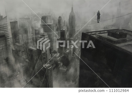 Man tightrope walking above a foggy cityscape, a metaphor for risk. Ideal for motivational themes and conceptual art. AI Generated - a concept of balance. 111012984