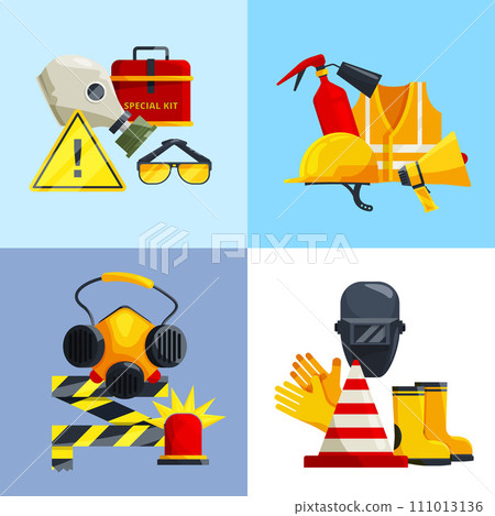 Safety equipment helmets rubber boots gas mask vector cartoon set 111013136