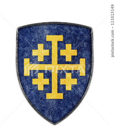 Old metal crusaders shield with cross isolated on white background Old metal crusaders shield with cross isolated on white background 111013149