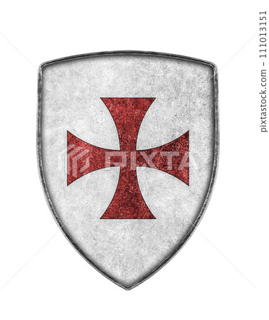 Old metal crusaders shield with cross isolated on white background 111013151