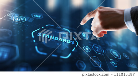 Businessman clicks Standards Quality assurance and control concept Businessman clicks Standards Quality assurance and control concept 111013197