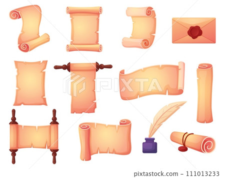 Vintage scroll papyrus on wood rods. Ancient envelopes with wax seal, cartoon old style letters. Blank treasure maps or documents, nowaday vector set 111013233