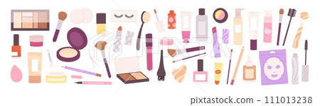 Cartoon makeup tools. Decorative cosmetics and brushes. Female daily skin care accessories. Isolated doodle lip gloss, eye shadow and pencil, racy vector clipart 111013238