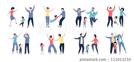 Happy families dancing together. Children and parents activities, celebrating party or home disco time. Mother father and kid dance recent vector set Happy families dancing together. Children and parents activities, celebrating party or home disco time. Mother father and kid dance recent vector set 111013250