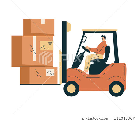 Logistics Service Man Worker Character Drive Forklift Truck Loading Vector Illustration 111013367