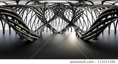 futuristic abstract Metal Structure with black ground and organic wire frame building structure 3d render illustration 360 panorama vr environment map futuristic abstract Metal Structure with black ground and organic wire frame building structure 3d render illustration 360 panorama vr environment map 111013380