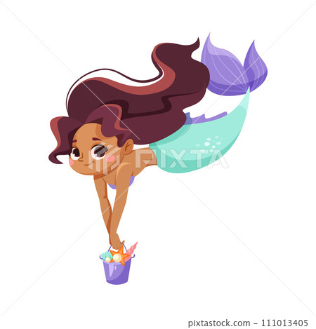 Little Girl Mermaid with Fish Tail and Wavy Hair Vector Illustration Little Girl Mermaid with Fish Tail and Wavy Hair Vector Illustration 111013405