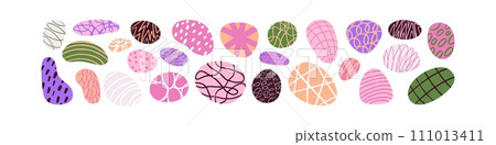 Abstract shapes and geometric elements. Hand scribbled cute icons with playful graphics. Flat vector illustration isolated on white background. 111013411