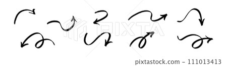 Fun arrow set drawn with crayon, brush, chalk, and pastel lines. Hand drawn doodle style scribbles in pencil and charcoal. Flat vector illustration isolated on white background. 111013413