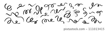 Scribbled arrow doodles, hand drawn with brush, pencil, and marker. Sketch like lines and circles pointing down. Flat vector illustration isolated on white background. 111013415