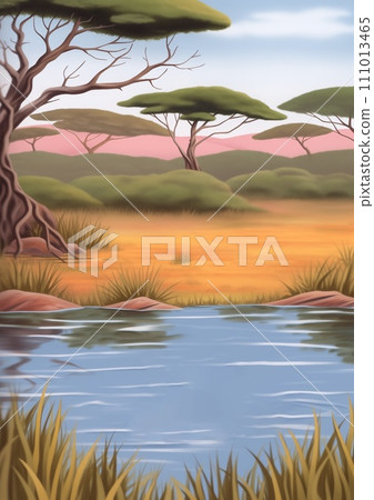 AI-generated content. Lake in the African Savannah Illustration 111013465