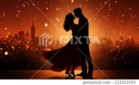 Silhouette of a romantic couple dancing romantically against the backdrop of a shining city skyline. 111013503