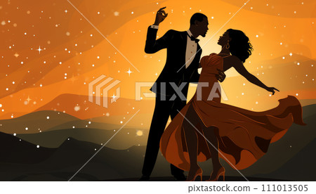 Illustration of a silhouette of a couple dancing elegantly under the starry night sky. 111013505