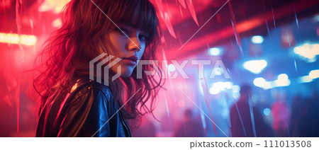 A young stylish woman with a piercing gaze against the backdrop of the neon lights of a nightclub. Banner A young stylish woman with a piercing gaze against the backdrop of the neon lights of a nightclub. Banner 111013508